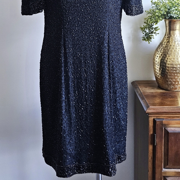 100% Pure Silk Mark & John By Gopal Black Beaded Cocktail Elegant Dress Sz Large - Picture 10 of 16
